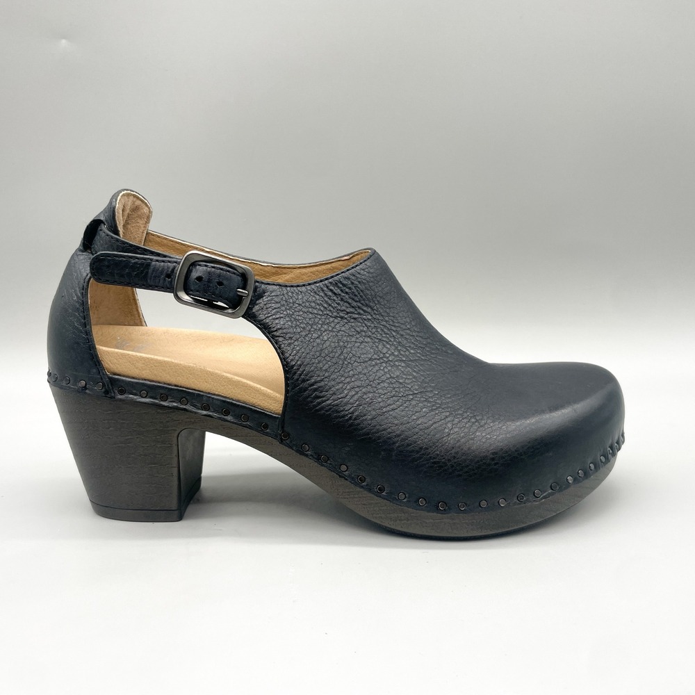 Dansko Womens 41 Sassy Black Leather Ankle Strap Clog Heel Mules Cottage Boho